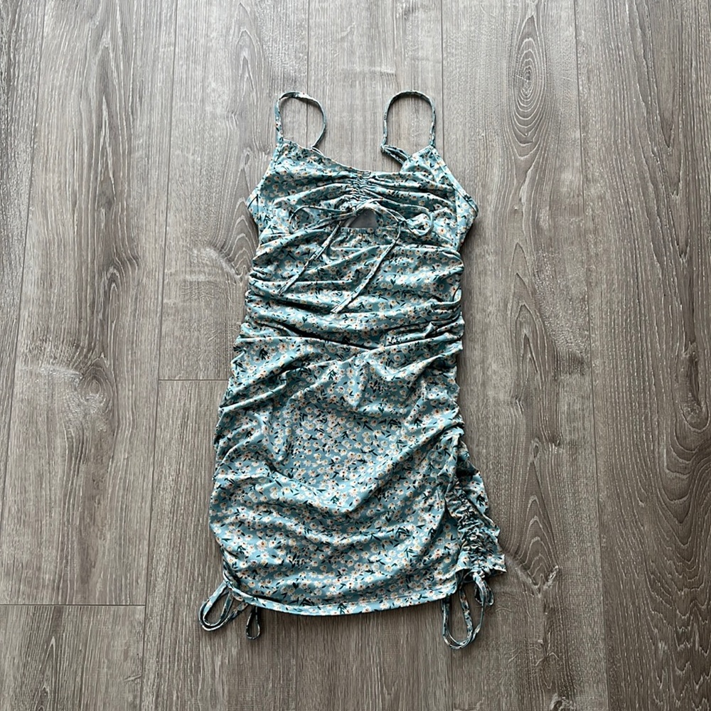 Floral Print Open Tie Front Cami Ruched Dress